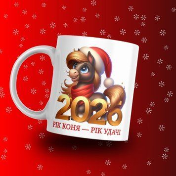 Чашка На Новий Рік Чашка на новий 2026 рік з конем та написом "Рік коня Рік удачі" NN0721 фото